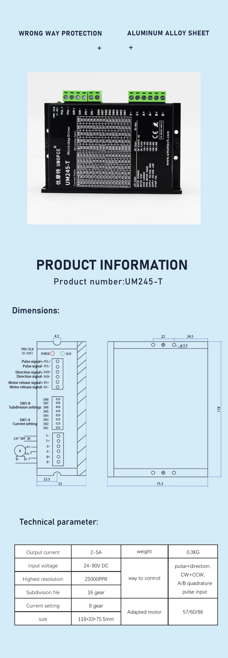 Stepper Controls Drives Um245-T 5A 24V-90VDC Motor Driver NEMA 23 Stepper Motor Drive